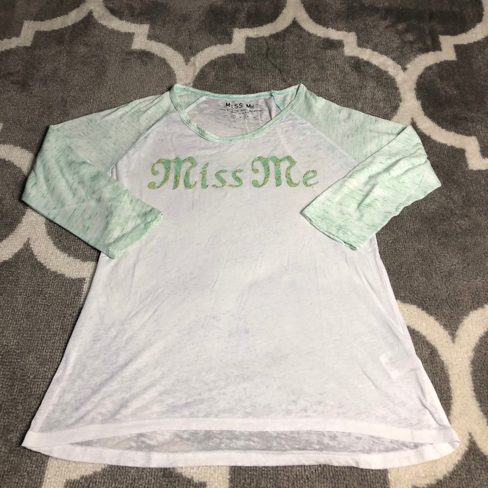 Miss Me Tshirt Size Small Burnout Baseball Shirt Green White